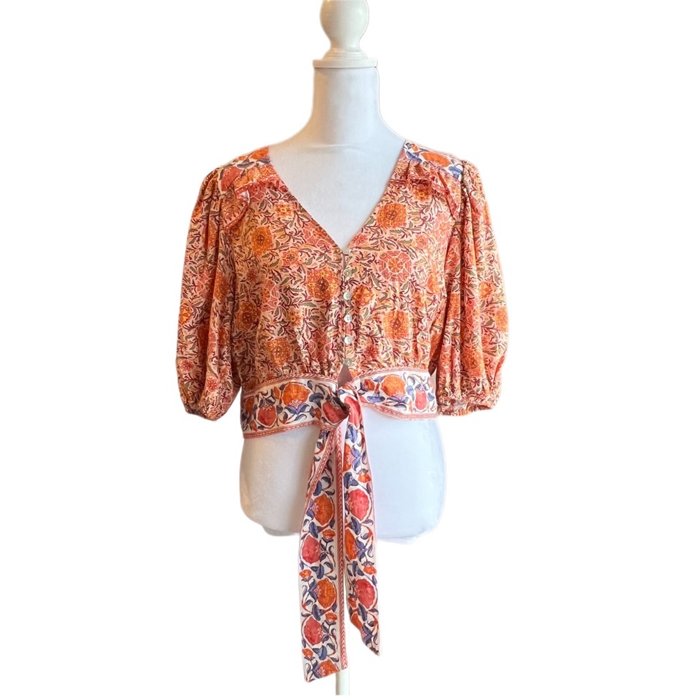 Rachel Zoe Cropped Boho V-front Tie-Front Floral Linen Top Orange & Purp…